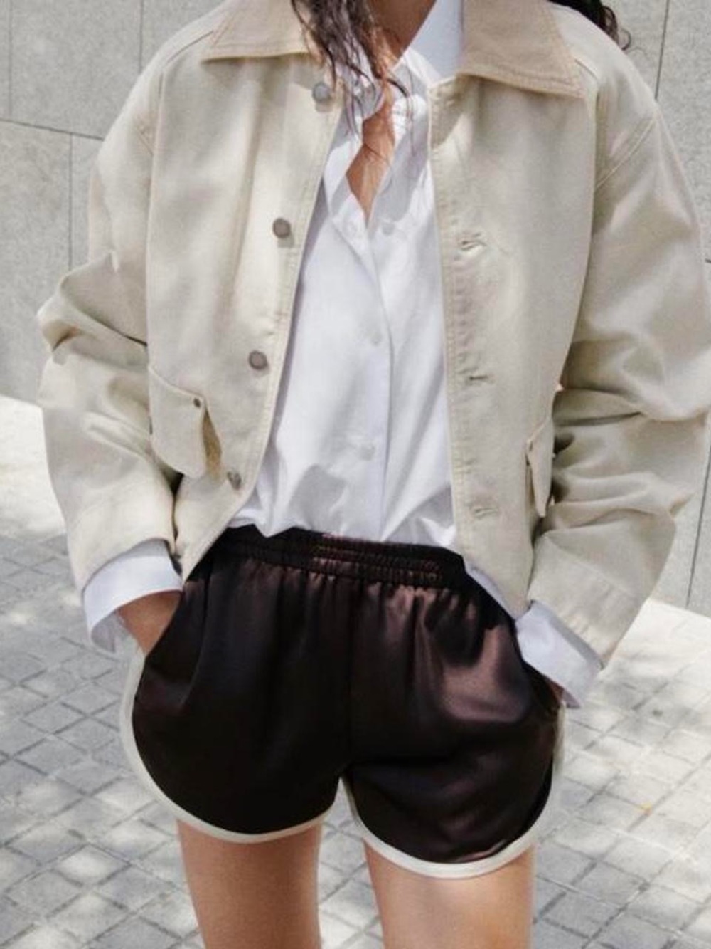 Mango Silky Track Shorts with Contrast Trim in Chocolate Brown/White - M
